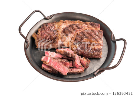 BBQ Grilled and sliced Chuck eye roll steak, marbled beef meat in a steel tray isolated on white background BBQ Grilled and sliced Chuck eye roll steak, marbled beef meat in a steel tray isolated on white background 126393451