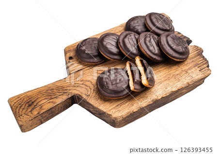 Jaffa Cookies covered with chocolate and filled with jam isolated on white background 126393455