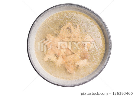Bowl of chicken broth with meat isolated on white background. top view 126393460