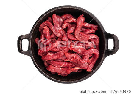 Raw beef meat sliced strips for beef stroganoff isolated on white background 126393470