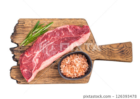 Uncooked striploin steak or strip New York on a wooden cutting board, inviting you to create mouthwatering recipes for any occasion. isolated on white background. top view 126393478