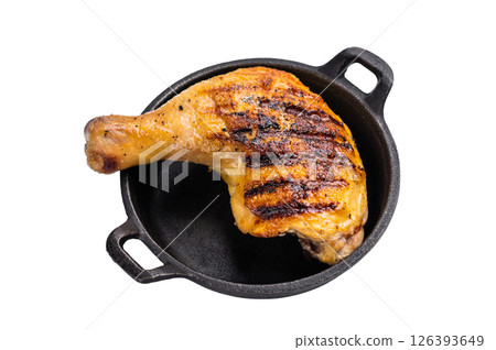 Grilled chicken leg or quarter in a skillet, roasted poultry meat isolated on white background. Grilled chicken leg or quarter in a skillet, roasted poultry meat isolated on white background. 126393649