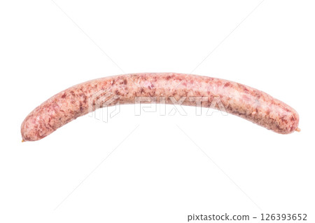 Close up of uncooked raw sausage showcasing its juicy texture, ideal for flavorful dishes and culinary creativity. isolated on white background. top view 126393652