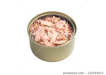 Delicious canned tuna in olive oil, ideal for salads, sandwiches, or as a savory snack on the go. isolated on white background. top view Delicious canned tuna in olive oil, ideal for salads, sandwiches, or as a savory snack on the go. isolated on white background. top view 126393653