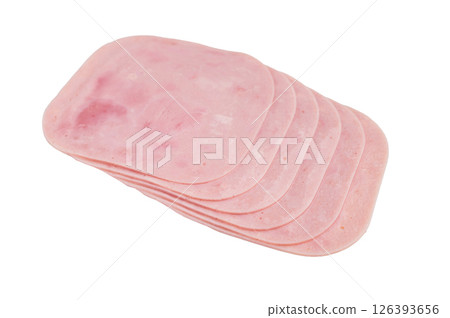 Thinly sliced ham arranged beautifully, perfect for sandwiches, charcuterie boards, or gourmet meals. isolated on white background. top view 126393656