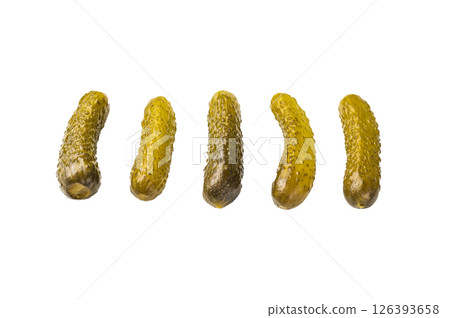 Crunchy pickled cucumbers, bursting with flavor, perfect for sandwiches, salads, or as a tangy snack. isolated on white background Crunchy pickled cucumbers, bursting with flavor, perfect for sandwiches, salads, or as a tangy snack. isolated on white background 126393658