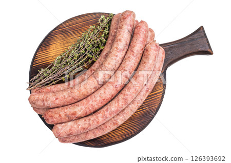 Uncooked sausage on a wooden board, a must have ingredient for delicious homemade recipes and comfort food. isolated on white background. top view Uncooked sausage on a wooden board, a must have ingredient for delicious homemade recipes and comfort food. isolated on white background. top view 126393692