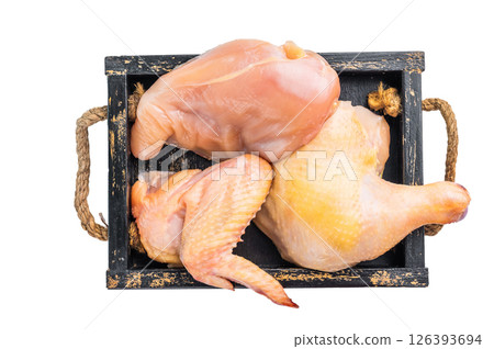 Raw chicken in a wooden crate, ready for cooking 126393694