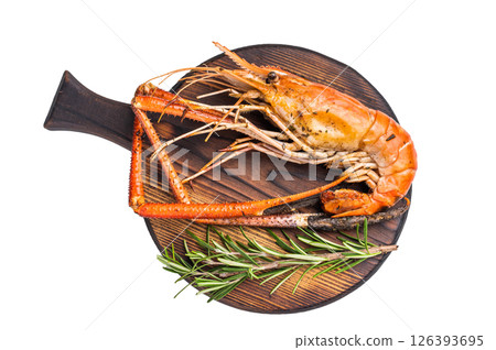 Savory grilled rosenbergii prawn drizzled with garlic butter, a luxurious treat for any seafood enthusiast. brown background. top view 126393695