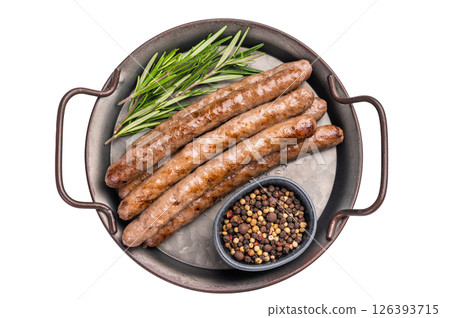 Juicy grilled sausage sizzling on the barbecue, perfect for summer cookouts and outdoor gatherings. isolated on white background. top view 126393715
