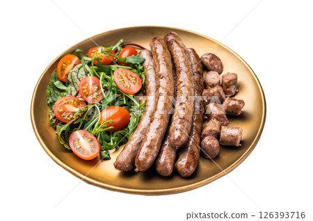 Close up of perfectly charred grilled sausage with salad, ideal for adding flavor to your favorite dishes or sandwiches. isolated on white background. top view 126393716