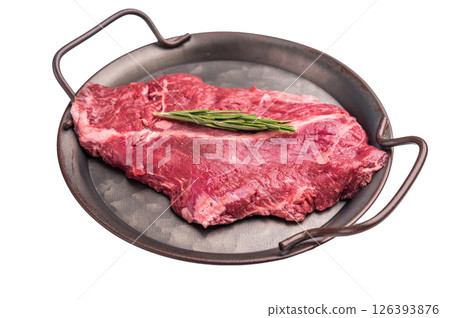 Raw hanging tender or onglet beef steak isolated on white background. top view Raw hanging tender or onglet beef steak isolated on white background. top view 126393876