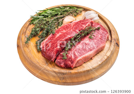 Raw beef marbled steak, Australian Oyster Top blade steak isolated on white background. top view Raw beef marbled steak, Australian Oyster Top blade steak isolated on white background. top view 126393900