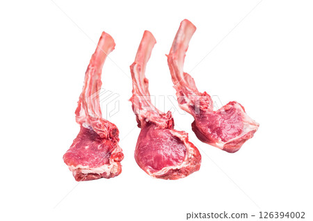 Raw lamb meat chops, fresh mutton cutlets isolated on white background. top view 126394002