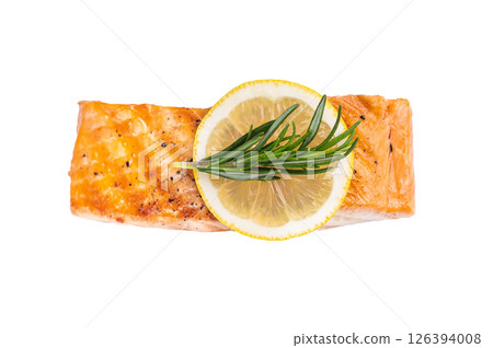 Grilled salmon fillet steak, roast fish isolated on white background. top view Grilled salmon fillet steak, roast fish isolated on white background. top view 126394008