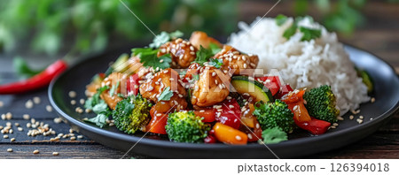 Sweet and Sour Chicken with Rice on a Black Plate 126394018