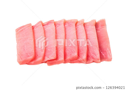 Premium quality tuna sashimi, expertly cut for maximum tenderness and taste, perfect for sushi enthusiasts. isolated on white background. top view Premium quality tuna sashimi, expertly cut for maximum tenderness and taste, perfect for sushi enthusiasts. isolated on white background. top view 126394021
