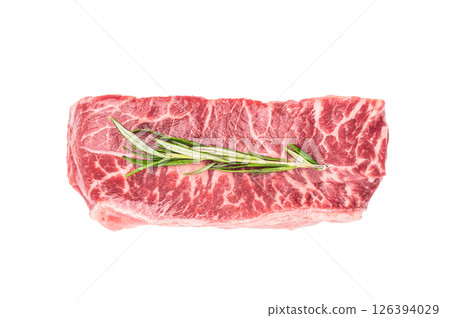 Raw Top blade steak, marbled black angus prime beef isolated on white background. top view Raw Top blade steak, marbled black angus prime beef isolated on white background. top view 126394029