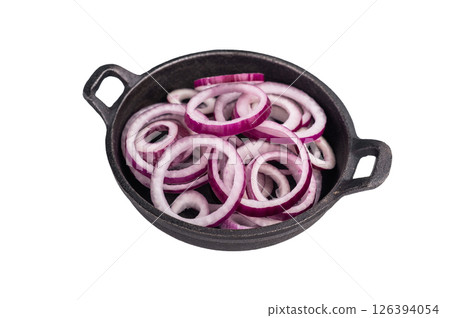 Fresh Raw onion rings in skillet isolated on white background. top view Fresh Raw onion rings in skillet isolated on white background. top view 126394054
