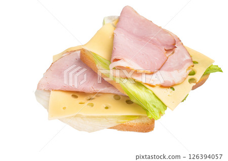 Prosciutto Cotto Ham and cheese sandwich, toast with sliced meat, cheese and lattice isolated on white background. top view Prosciutto Cotto Ham and cheese sandwich, toast with sliced meat, cheese and lattice isolated on white background. top view 126394057