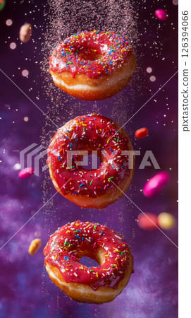 Vibrant Donuts with Colorful Sprinkles in Mid-Air 126394066