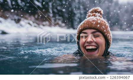 Woman enjoying winter swim in icy outdoor lake 126394067