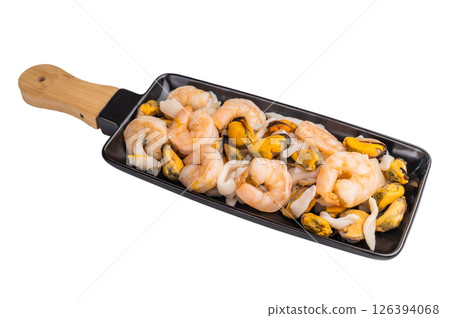 Seafood Cocktail appetiser with Mussels, Clams, Prawns, Shrimps and squid isolated on white background. top view Seafood Cocktail appetiser with Mussels, Clams, Prawns, Shrimps and squid isolated on white background. top view 126394068