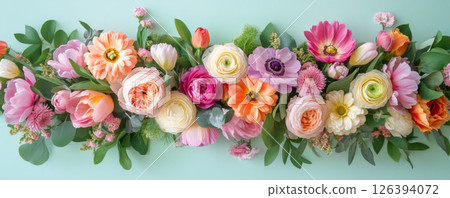 Bright Mixed Floral Arrangement Banner on Teal Background 126394072