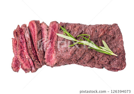 Grilled and sliced Flank beef steak, BBQ meat isolated on white background. top view 126394073