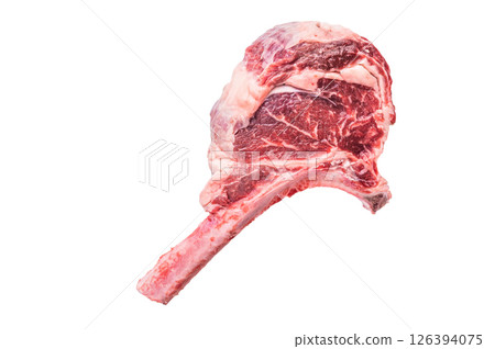 Raw tomahawk steak with marbling, fresh rib eye with bone Isolated on a white background. top view Raw tomahawk steak with marbling, fresh rib eye with bone Isolated on a white background. top view 126394075