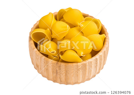 Jambo Pipe rigate raw pasta isolated on white background. top view Jambo Pipe rigate raw pasta isolated on white background. top view 126394076