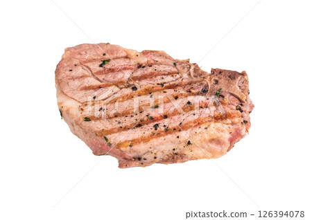 Grilled pork neck steaks isolated on white background. top view Grilled pork neck steaks isolated on white background. top view 126394078