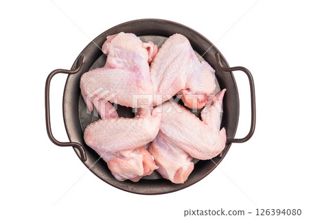Pristine raw poultry wings, waiting to be seasoned and transformed into mouthwatering dishes for any occasion. isolated on white background. top view Pristine raw poultry wings, waiting to be seasoned and transformed into mouthwatering dishes for any occasion. isolated on white background. top view 126394080