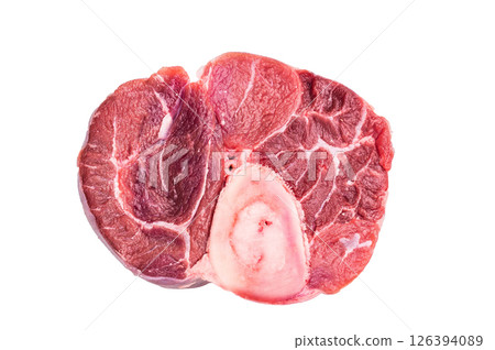 Fresh raw ossobuco, osso buco meat, showcasing tender veal shank with rich marrow, perfect for gourmet Italian dishes. isolated on white background. top view 126394089