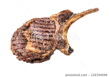 Grilled Tomahawk beef steak, cooked rib eye with bone isolated on white background. top view 126394096