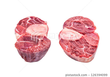 Fresh raw ossobuco Premium veal shank, ideal for slow cooking and creating hearty, comforting meals that impress. isolated on white background. top view Fresh raw ossobuco Premium veal shank, ideal for slow cooking and creating hearty, comforting meals that impress. isolated on white background. top view 126394099