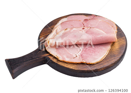 Sliced pork ham for sandwiches, Italian Prosciutto Cottj isolated on white background. top view Sliced pork ham for sandwiches, Italian Prosciutto Cottj isolated on white background. top view 126394100