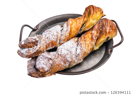 Homemade pastry with Pistachios and chocolate, Puff pastry isolated on white background. top view Homemade pastry with Pistachios and chocolate, Puff pastry isolated on white background. top view 126394111
