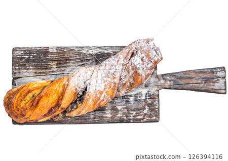 Danish pastry with Pistachios and chocolate, Puff pastry isolated on white background. top view Danish pastry with Pistachios and chocolate, Puff pastry isolated on white background. top view 126394116