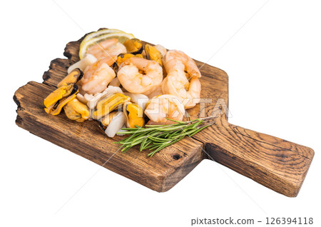 Fresh Seafood cocktail, raw Mix with Mussels, Clams, Prawns, Shrimps and squid on wooden board isolated on white background. top view 126394118