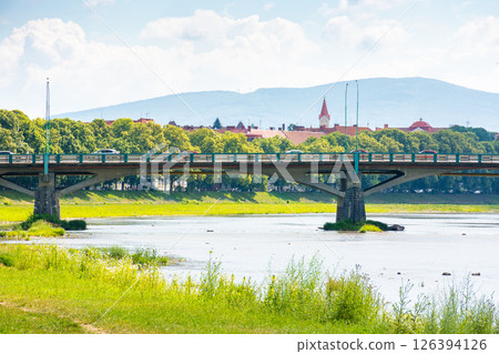 embankment with linden trees in blossom. urban environment. scenery by the river uzh on a sunny day. masaryk bridge in the distance embankment with linden trees in blossom. urban environment. scenery by the river uzh on a sunny day. masaryk bridge in the distance 126394126