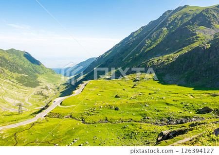 transfagarasan road winding uphill. fagaras ridge. travel destination in romania mountain landscape. sunny day in summer. view in to the valley. blue sky with cloud transfagarasan road winding uphill. fagaras ridge. travel destination in romania mountain landscape. sunny day in summer. view in to the valley. blue sky with cloud 126394127