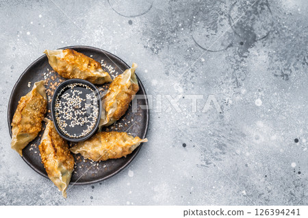 Fried Chinese Dumplings Jiaozi with meat and vegetables on plate with sauce. grey background. top view Fried Chinese Dumplings Jiaozi with meat and vegetables on plate with sauce. grey background. top view 126394241