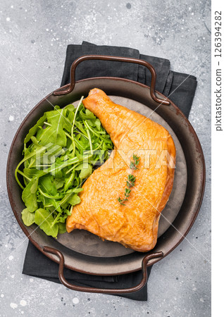 Smoked chicken leg, poultry meat on steel tray. grey background. top view 126394282