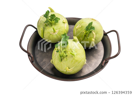 Raw kohlrabi on steel tray, Vegetable from Organic farm isolated on white backround. top view 126394359