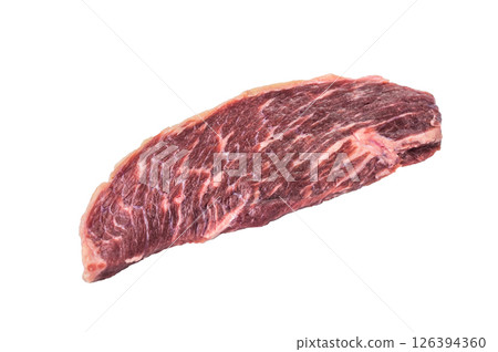 Fresh raw top sirloin steak, showcasing its rich color and marbling. isolated on white background. top view Fresh raw top sirloin steak, showcasing its rich color and marbling. isolated on white background. top view 126394360