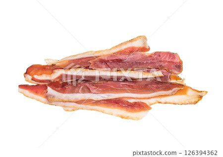 Smoked duck pastrami meat slices isolated on white background. top view 126394362