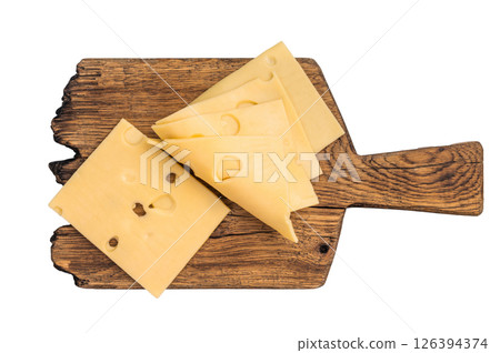 Swiss cheese slices with holes isolated on white background. top view 126394374