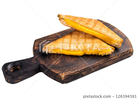 Frieed cheese sandwich on wooden board isolated on white background. top view 126394381