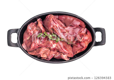 Freshly sourced poultry liver, chicken offals waiting to be transformed into a delicious dish. isolated on white background. top view Freshly sourced poultry liver, chicken offals waiting to be transformed into a delicious dish. isolated on white background. top view 126394383